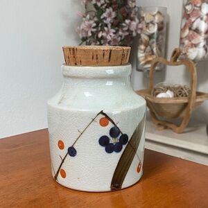 Vintage Japanese Hand Painted Ceramic Jar with Cork Lid